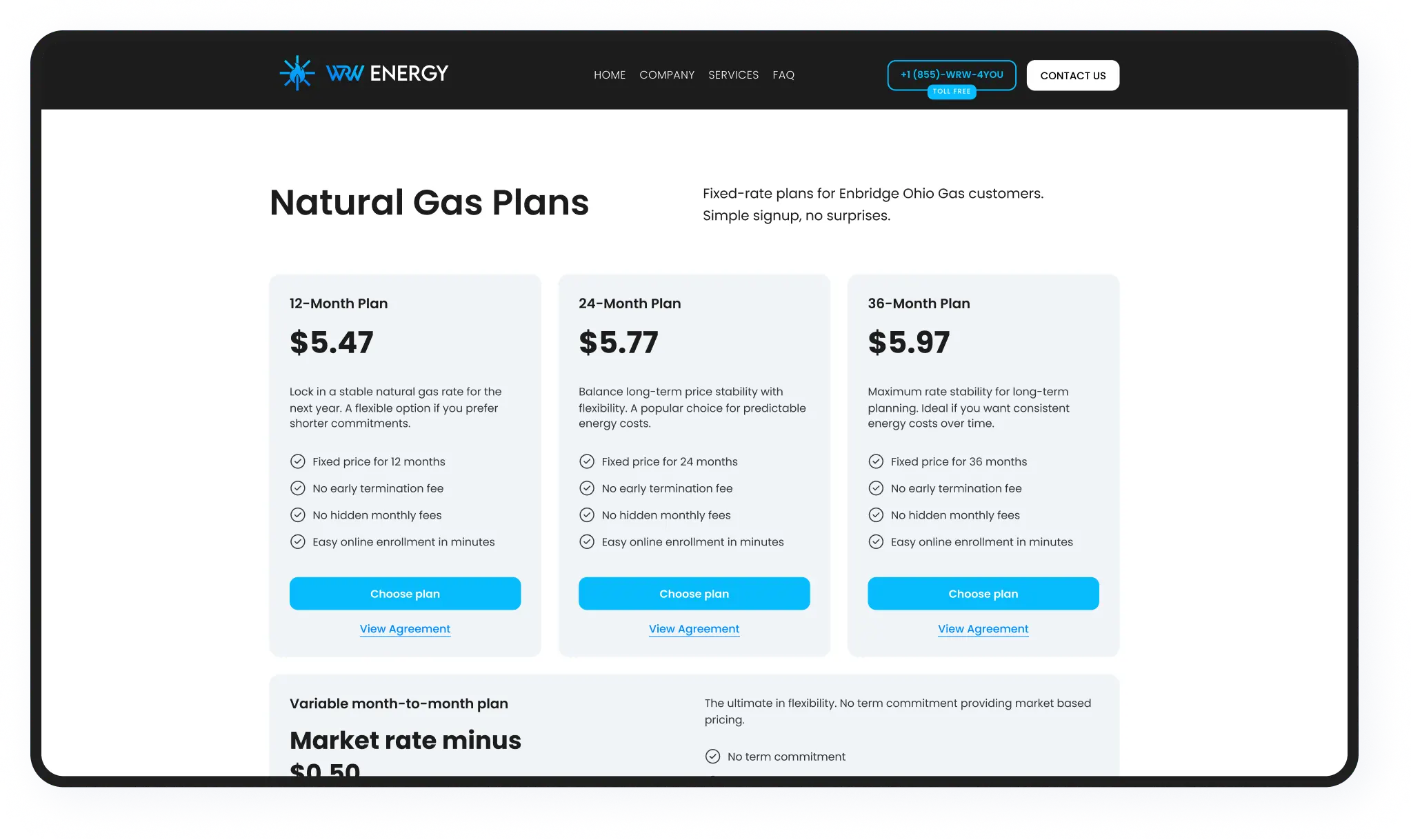 Página principal de WRW Energy con cuatro tarjetas de comparación de planes de gas natural y estructura de precios