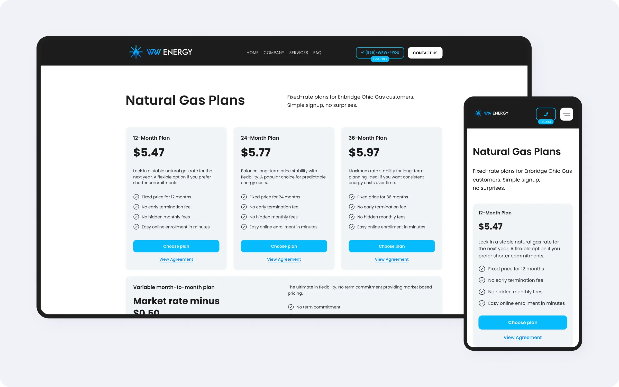 Página de selección de tarifas de WRW Energy en versiones responsive para escritorio y móvil, con tarjetas de precios de tarifa fija