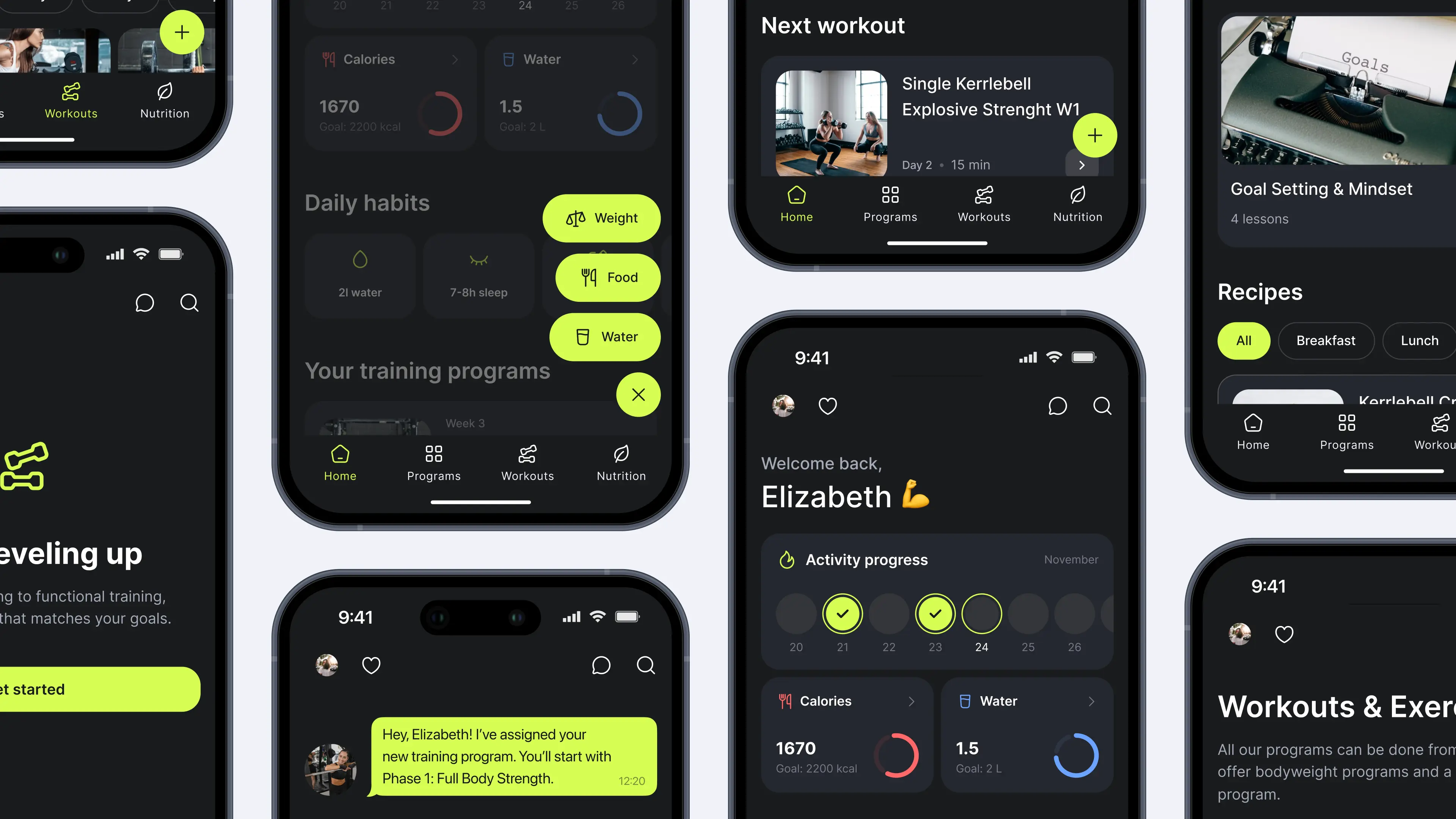 Cuadrícula completa de pantallas de la app Ymove: hábitos diarios, próxima sesión de entrenamiento, recetas, progreso de actividad, mensajería con el entrenador y biblioteca de entrenamientos en tema oscuro