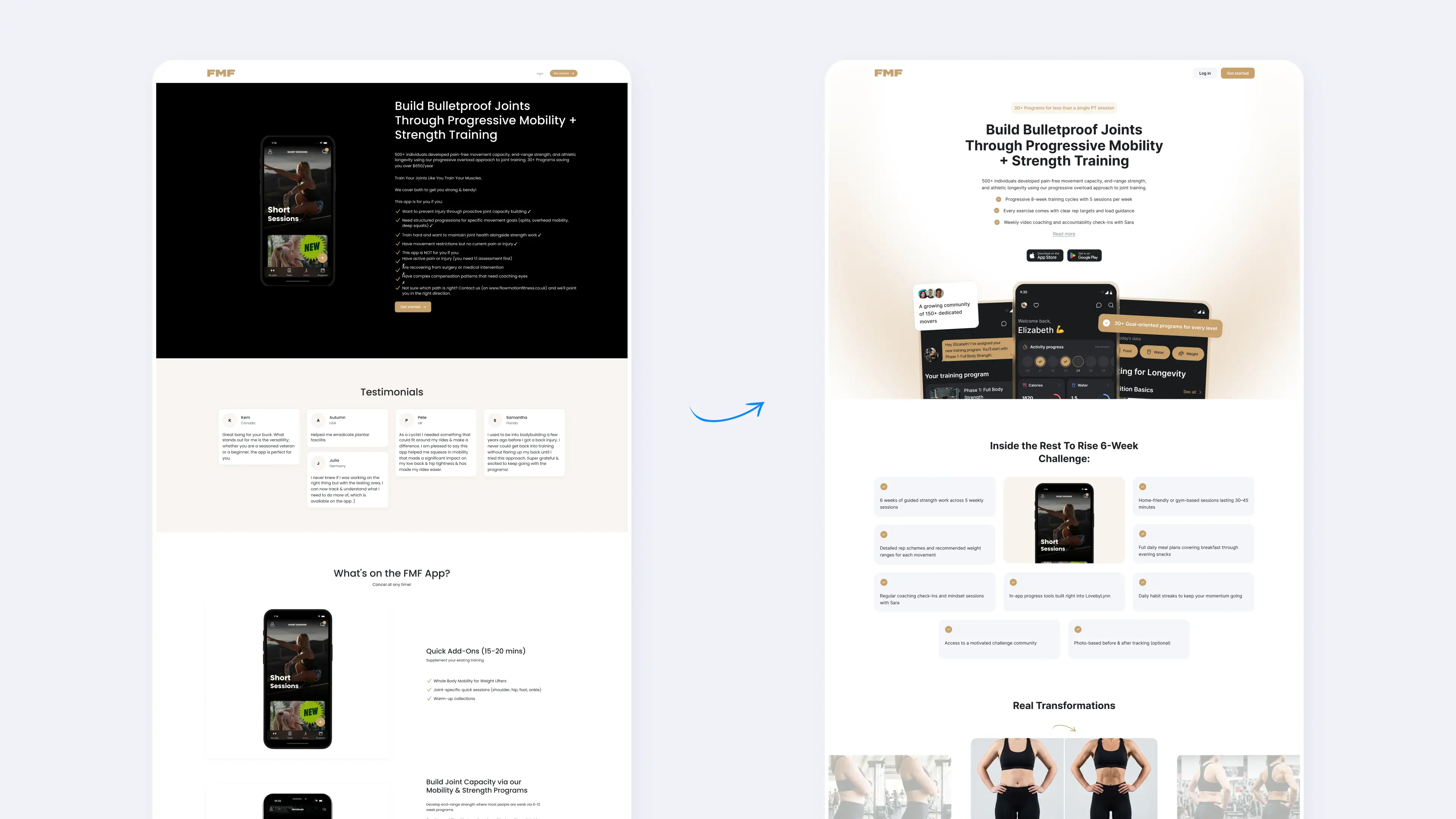 Rediseño de la landing del entrenador de Ymove: comparación entre la versión móvil original y la nueva versión de escritorio con sección hero, testimonios y bloques de programas