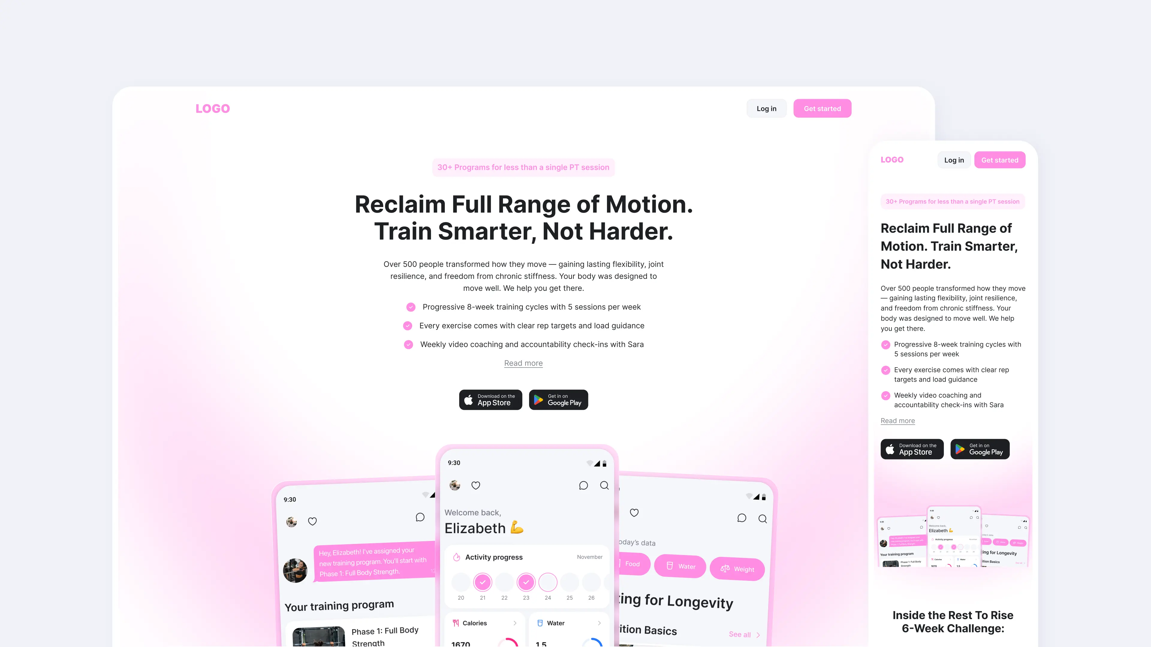 Plantilla de landing del entrenador de Ymove en versiones de escritorio y móvil con gradiente de marca, sección hero, botones de App Store y vistas previas integradas de la app