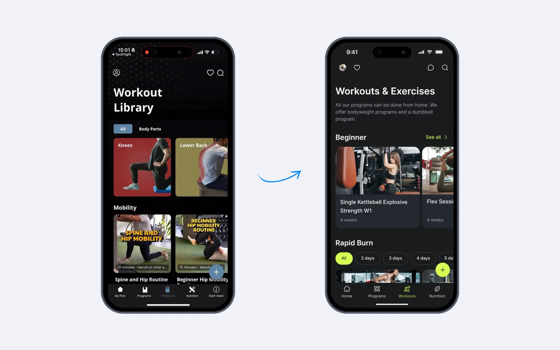 Aplicación de fitness Ymove: antes y después