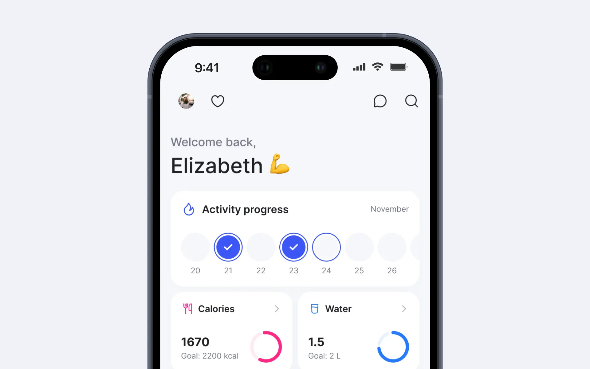 Panel de control y pantallas de agenda de la app Ymove en tema claro con progreso de actividad, seguimiento de calorías y récords personales