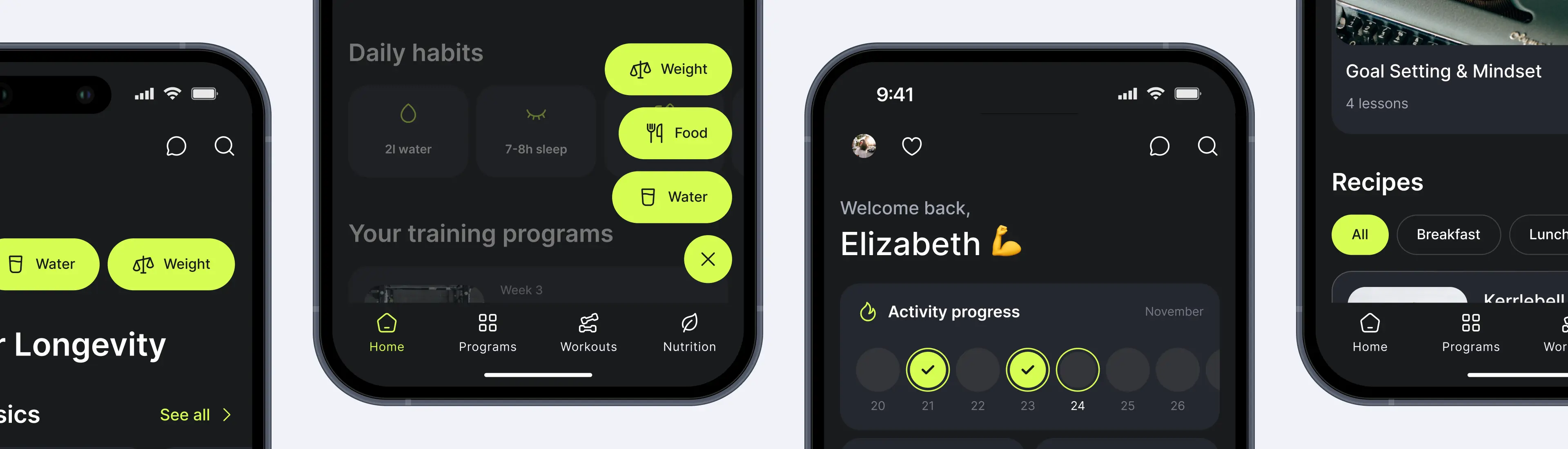 Pantallas de la app de fitness Ymove con tema oscuro: panel de control, seguimiento de hábitos diarios y calendario de progreso de actividad