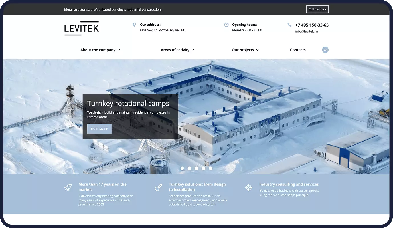 Captura de pantalla del sitio web Levitek — empresa de ingeniería