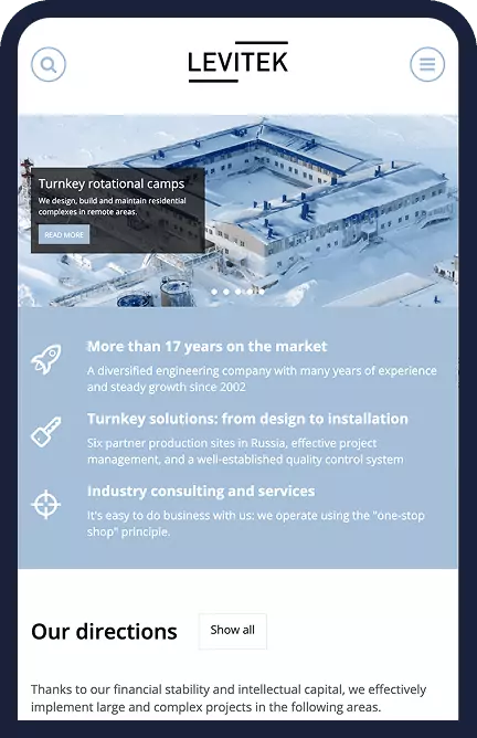 Captura de pantalla del sitio web Levitek — empresa de ingeniería